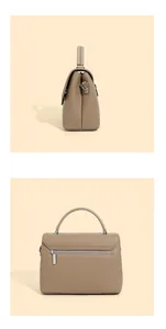 Detailed side view of khaki genuine leather shell bag with back zipper pocket and handle