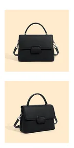 Detailed views of a black pebbled leather shell bag showing top handles and strap