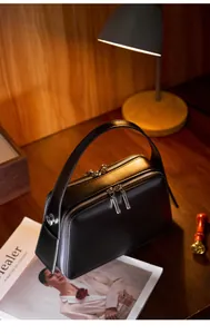 Detail of black leather handbag featuring dual zippers and a structured top handle design