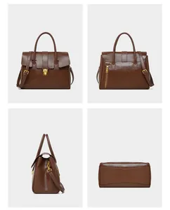 Dettaglio in quattro viste di una borsa vintage in pelle marrone con finiture dorate