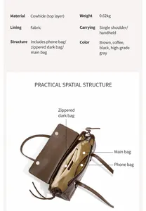 Detailed interior of the leather tote bag showing main pocket, phone holder and zipper bag