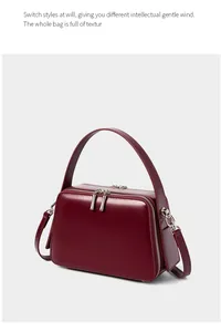 Detailed view of dark red leather handbag with dual zippers and silver hardware