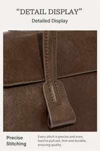 Close-up of fine stitching details and lychee grain leather on brown handbag