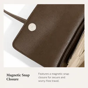 Close-up of dark brown lychee textured leather bag with silver magnetic snap buckle