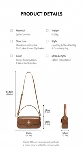 Detail view of genuine leather caramel shoulder bag with dimensions and interior structure