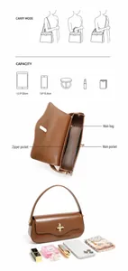 Internal view of brown leather bag showing main compartment and zippered pockets