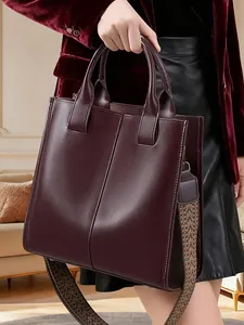 Borsa Tote Donna in Vera Pelle Grande Capacità Vintage Pelle di Vacchetta Tracolla Larga Motivo Geometrico Borsa a Spalla