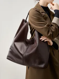 Bolso tote grande de cuero marrón oscuro para mujer, bolso de hombro elegante y amplio