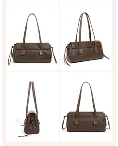 Detailed views of a dark brown leather baguette bag with drawstrings from four angles