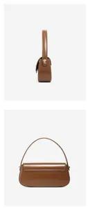 Detailed side and back view of brown leather baguette bag with premium gold hardware