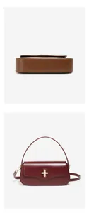 Detail view of smooth brown leather bag and wine red crossbody with gold cross clasp