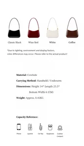 Detailed size specifications and color options for the genuine leather baguette hobo bag