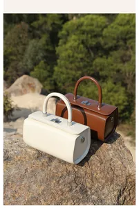 Detail of square leather box bags in white and tan with metallic locks and handles