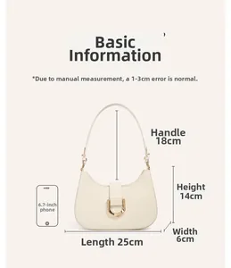 Detaillierte Größentabelle für beige Leder-Halbmondtasche mit 25cm Längenangabe