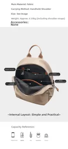 Detail view of large capacity beige oxford backpack interior with multiple zip compartments