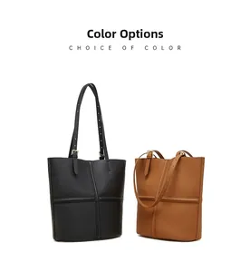 Black and brown leather tote bags with lychee texture and adjustable shoulder straps
