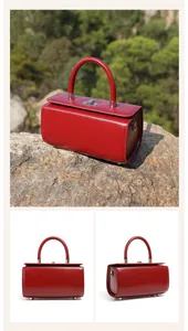 Close-up of wine red leather box bag with silver metal twist lock on rocky outdoor setting