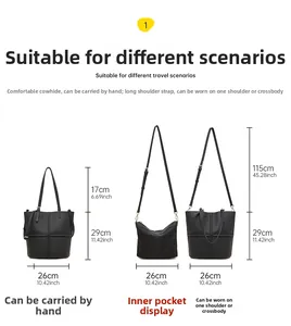 Detailed size specifications and dimensions for black leather tote and pouch set