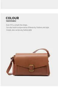 Detail of a brown leather shoulder bag featuring a gold square metallic buckle and minimalist design