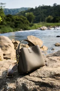 Dettaglio borsa in vera pelle con trama martellata e tracolla in tessuto colorato