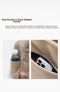 Detail of khaki oxford backpack showing side pocket for bottle and anti-theft back pocket