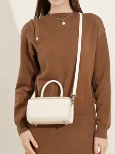 Chic beige leather cylindrical box bag with silver hardware worn with a brown dress