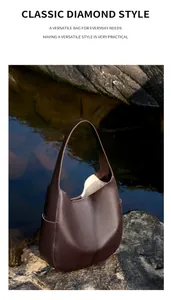 Detail of dark brown lychee grain leather hobo bag showing side pocket on a rock