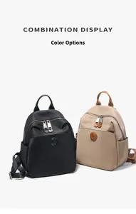 Detailed comparison of minimalist black and beige nylon backpacks with dual zippers