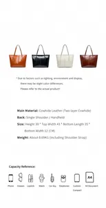 Detailed size guide and capacity for this leather tote bag showing four classic colors