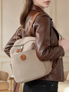 Women Large Capacity Oxford Cloth Backpack With Cowhide Accents Waterproof Lightweight Urban Minimalist Commuter Travel Bag