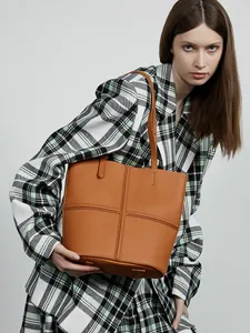 Brown leather tote bag with cross-stitch design and large capacity for women
