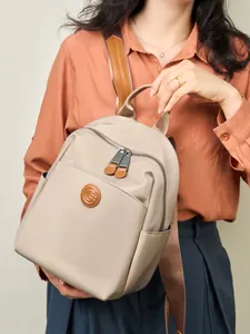 Chic beige oxford and leather backpack with large capacity for women commuting