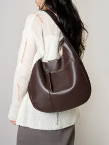 Genuine Leather Large Capacity Hobo Bag Women Top Layer Cowhide Crescent Shoulder Bag Minimalist Commuter Tote Bag Purse