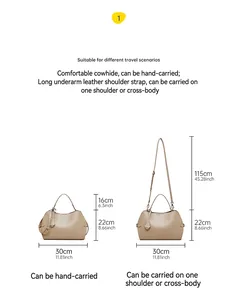 Vue détaillée du sac à main beige en cuir montrant les modes de port et dimensions