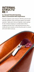 Detail of brown leather tote showing silver zipper and magnetic closure structure