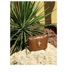 Detailed view of luxury dark brown leather handbag with vintage golden twist lock closure