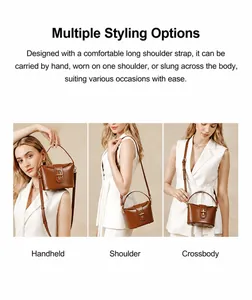 Brown leather handbag detail showing handheld, shoulder, and crossbody styling options