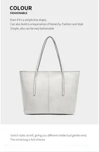 Detail view of light grey tote bag with vertical stitching and long shoulder handles