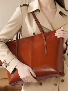Women Vintage Genuine Leather Tote Bag Commuter Shoulder Handbag Split Cowhide Retro Fashion Solid Color Work Bag