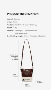 Vue détaillée du sac seau en cuir marron avec les dimensions et les détails de la bandoulière