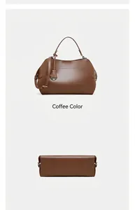 Vues détaillées du sac à main en cuir marron café avec bandoulière et base solide
