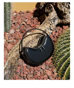 Detail of minimalist black leather crescent bag with dual silver zippers in desert setting