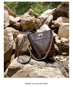 Vue détaillée du sac seau en cuir ciré marron avec fermoir tournant argenté sur pierre