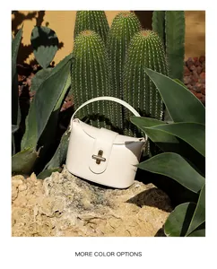 Close-up of cream leather handbag with gold capsule twist lock on desert background