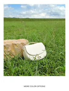 Close-up of cream leather saddle bag with gold metal clasp on scenic grass background