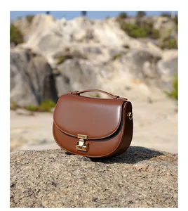 Detail of dark brown leather saddle bag with gold metal buckle on a natural rock