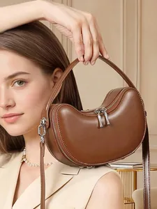 Women Genuine Leather Crescent Crossbody Bag Luxury Cowhide Half Moon Handbag Dual Zipper Shoulder Bag Vintage Minimalist Commuter Tote Bag