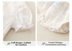 Detail view of baby romper featuring floral puff sleeves and snap button crotch closure