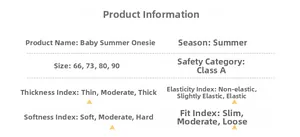 Detailed size chart and specifications for Class A cotton baby summer bodysuit