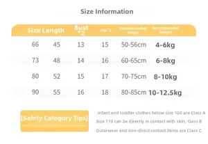 Detailed size chart for baby cotton romper with measurements and safety category info
